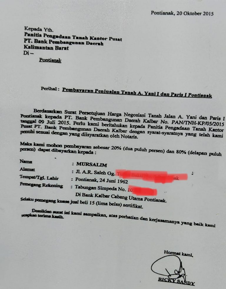 Surat permohonan pembayaran yang diajukan oleh DPO Ricky Sandy kepada panitia pengadaan tanah agar pembayaran diberikan kepada terdakwa PAM. (Sumber Foto : Ruai.tv)